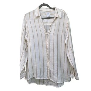 Womens Linen Button Down Shirt Tan White Striped Roll Tab Sleeve Oversized